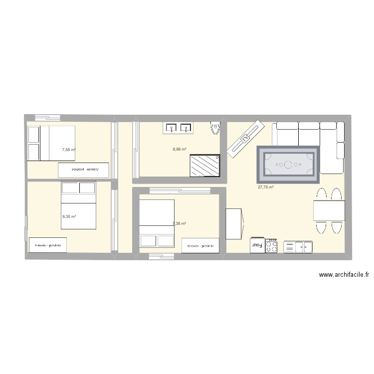 JO FARAH. Plan de 5 pièces et 59 m2