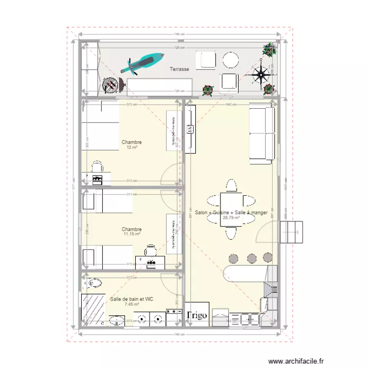 Maison F3 plein pied. Plan de 