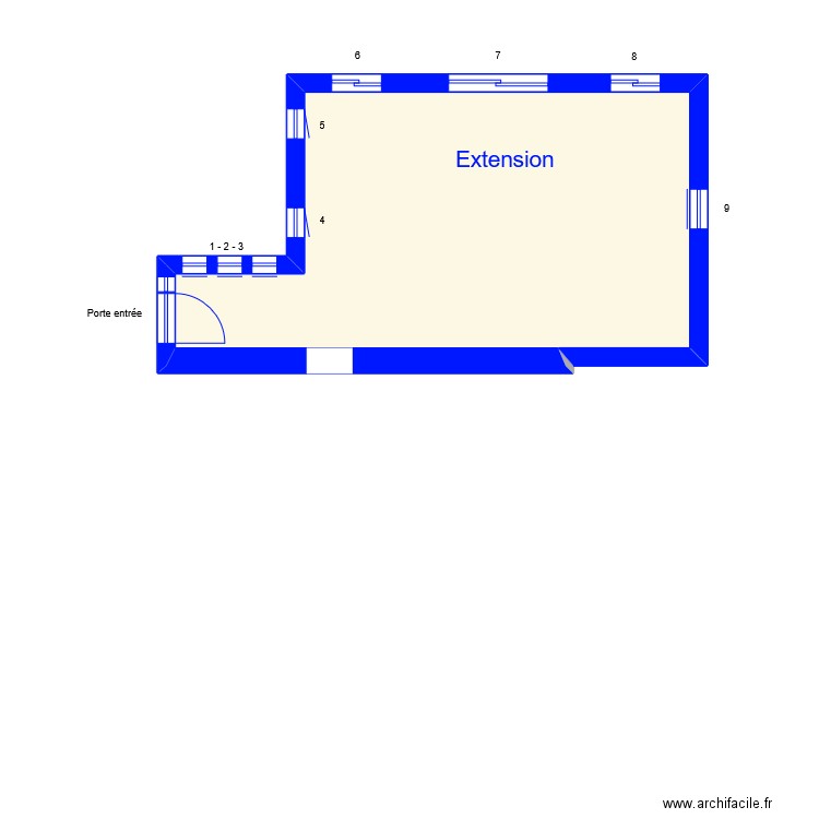 Extension - Fenètres. Plan de 1 pièce et 44 m2