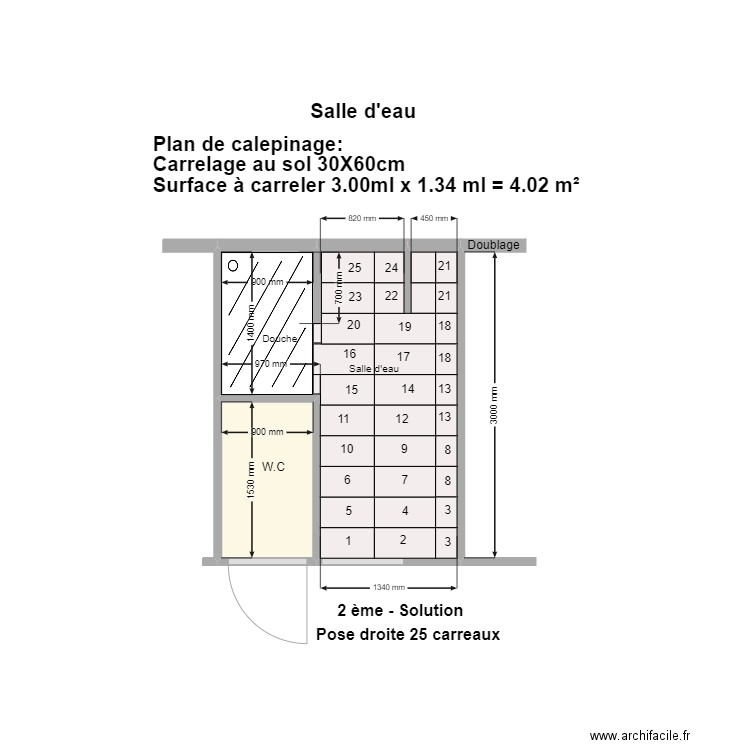 Salle d'eau - Plan de calepinage du carrelage 30x60. Plan de 2 pièces et 7 m2