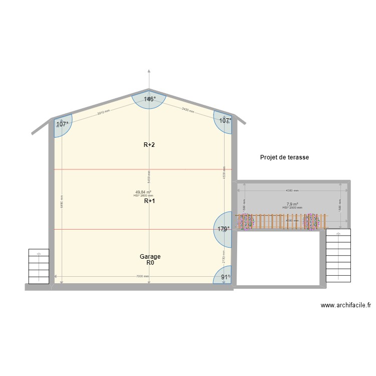 Plan de Coupe avec Extension2. Plan de 3 pièces et 65 m2