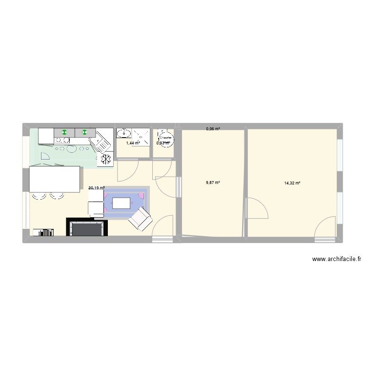 cuisine. Plan de 6 pièces et 47 m2