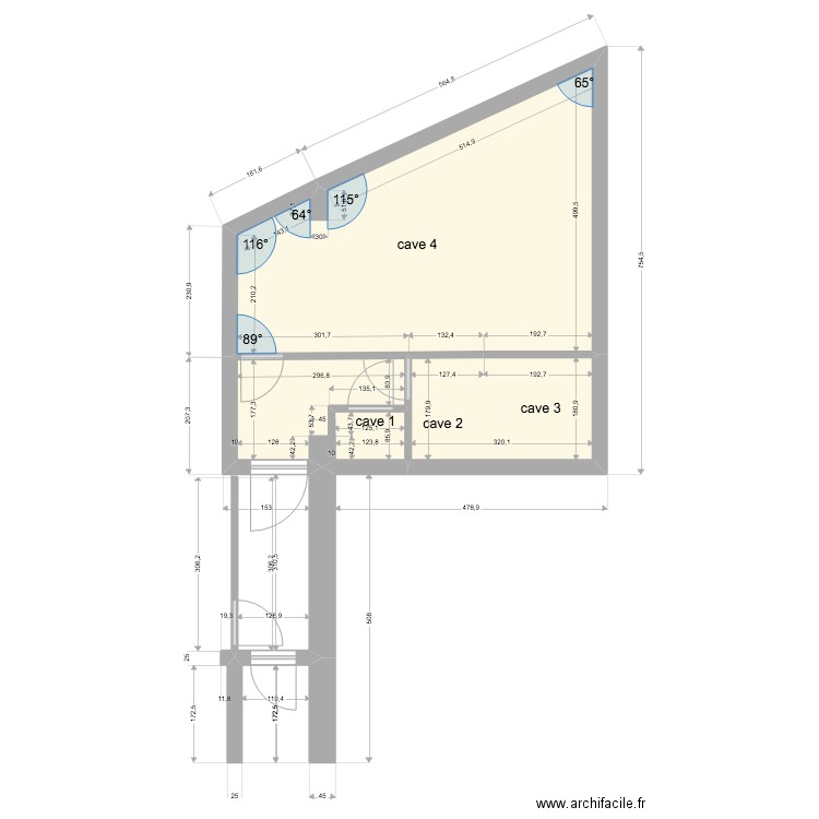 plan 3 et 4 caves . Plan de 3 pièces et 33 m2