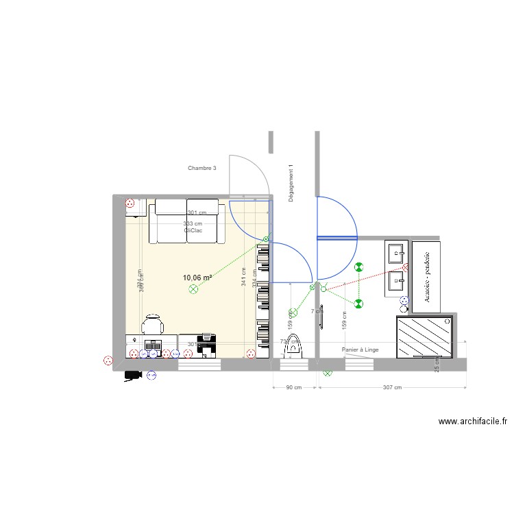 COUDURES - BUREAU. Plan de 1 pièce et 10 m2