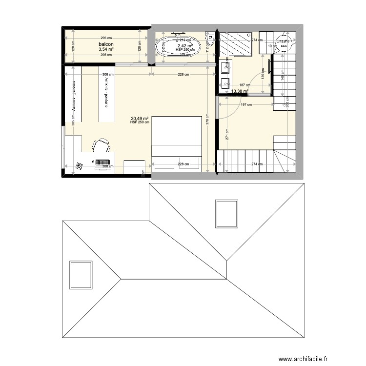 1ER etage 2e version. Plan de 4 pièces et 40 m2