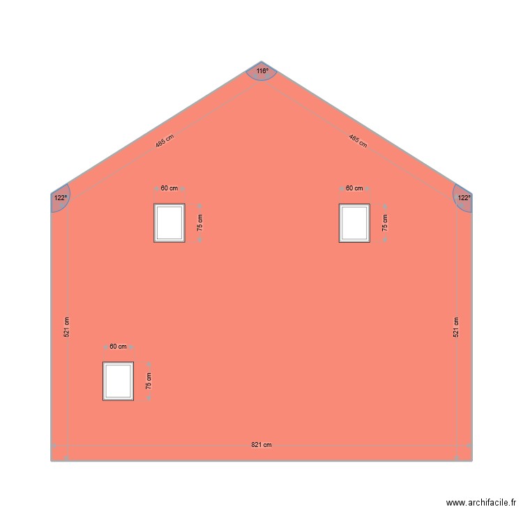 Façade jardin. Plan de 1 pièce et 53 m2