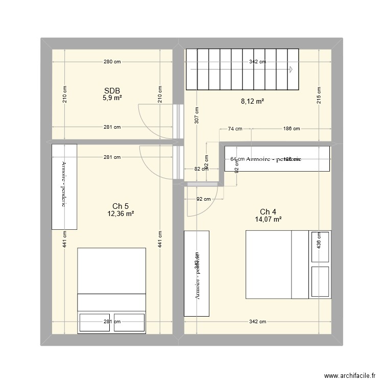 R+1 - 2 ch / 1 sdb. Plan de 4 pièces et 40 m2