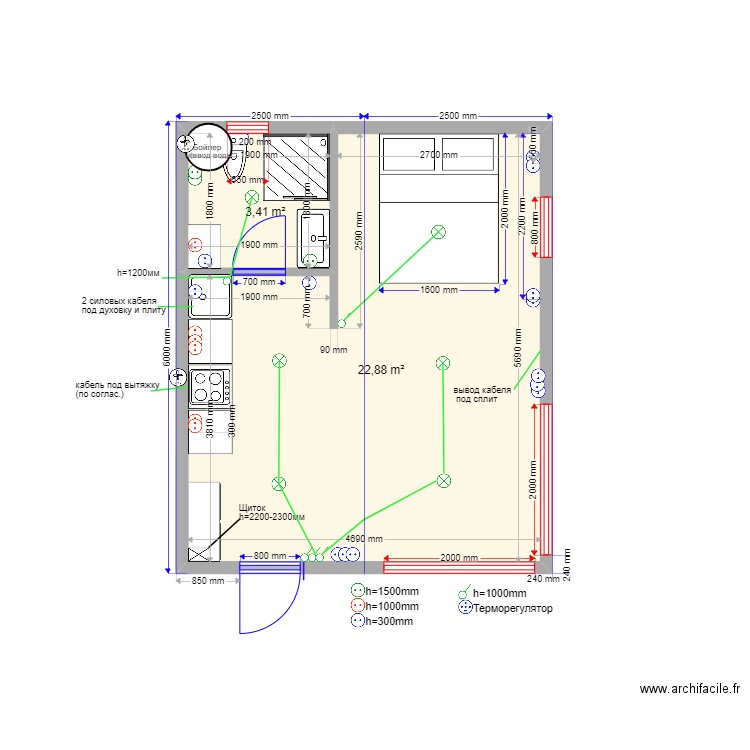 30 211 крым. Plan de 2 pièces et 26 m2