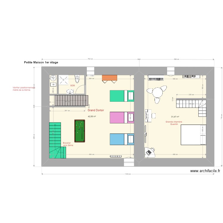 Petite Maison 1er étage. Plan de 2 pièces et 74 m2