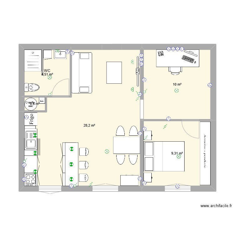 Studio 2. Plan de 5 pièces et 53 m2