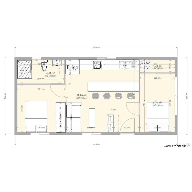 projet 45 m 2 . Plan de 4 pièces et 44 m2