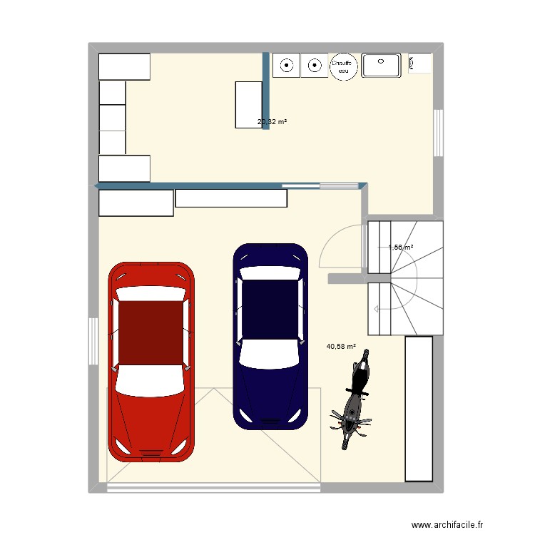 Garage étagères intégrées. Plan de 3 pièces et 62 m2