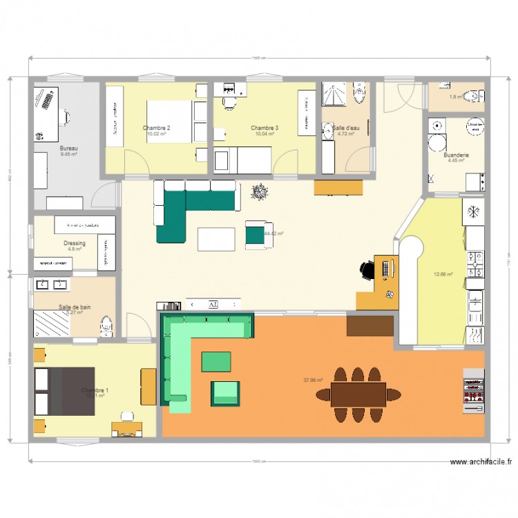 Plan maison plain pied 170m F5 sans jardin. Plan de 0 pièce et 0 m2