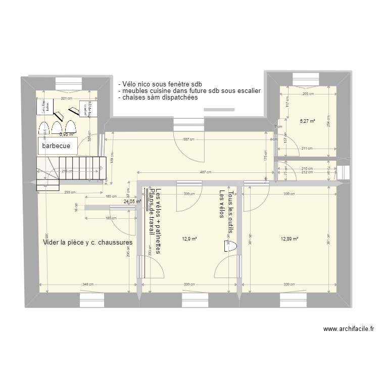 RdJ prépa chantier plaquiste. Plan de 6 pièces et 64 m2