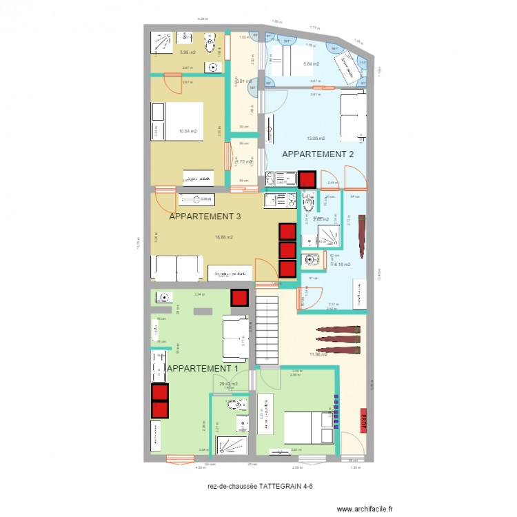 tattegrain rez de chaussee colorée cotée. Plan de 12 pièces et 107 m2