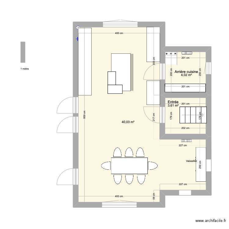 cuisine château avec meubles. Plan de 3 pièces et 48 m2