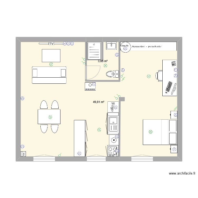 Studio. Plan de 2 pièces et 53 m2