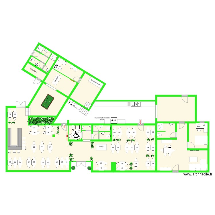 Plan restaurant v4 avec bar dans grande salle et salle de jeux arrière. Plan de 0 pièce et 0 m2