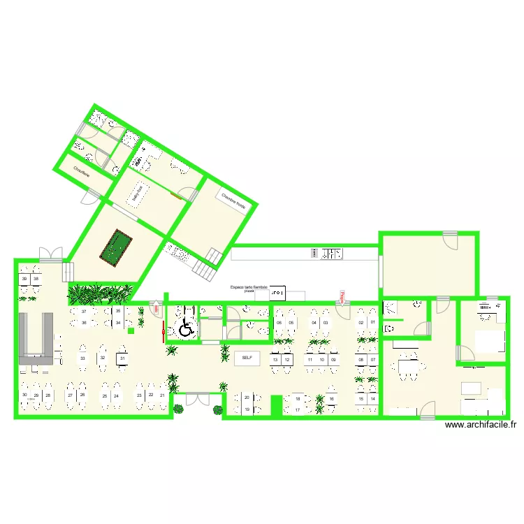 Plan restaurant v4 avec bar dans grande salle et salle de jeux arri&egrave;re. Plan de 
