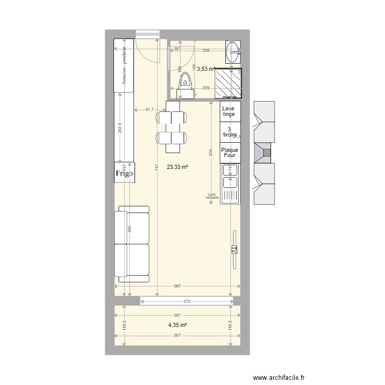 Studio Gaillard. Plan de 3 pièces et 35 m2