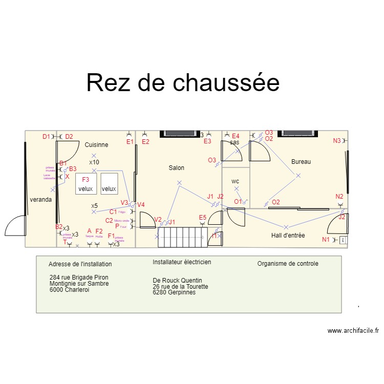 Electricité Rez de chaussée. Plan de 8 pièces et 59 m2