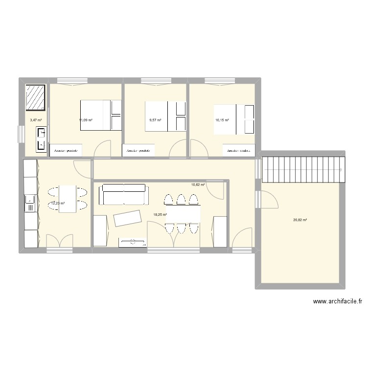 cuisine actuelle. Plan de 8 pièces et 96 m2