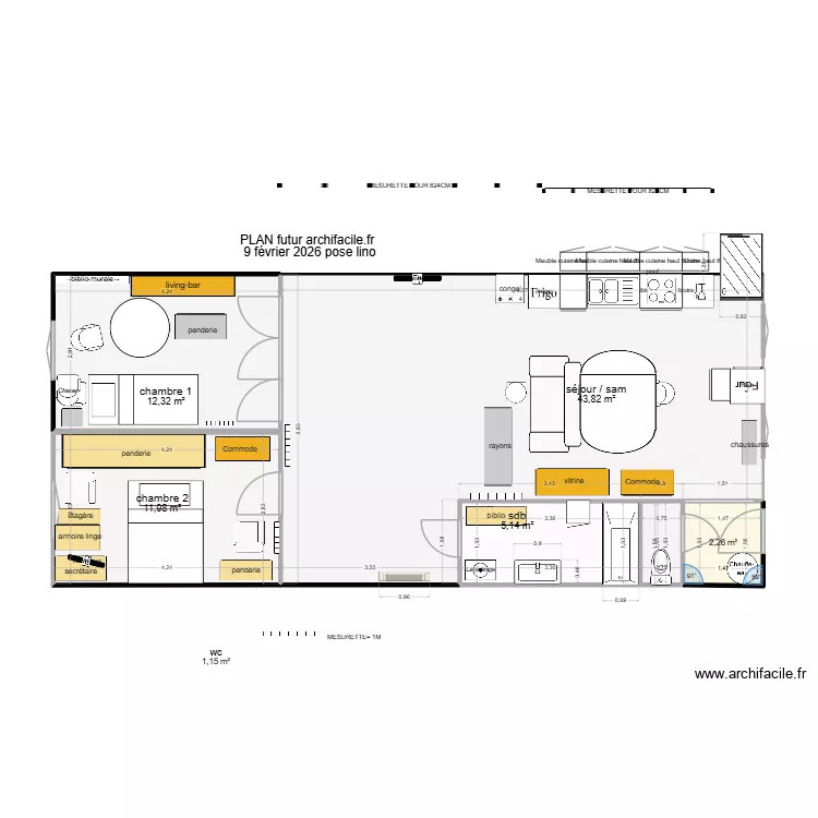 PLAN FUTUR  9 f&eacute;vrier 2026 pose lino. Plan de 6  et 77 m²