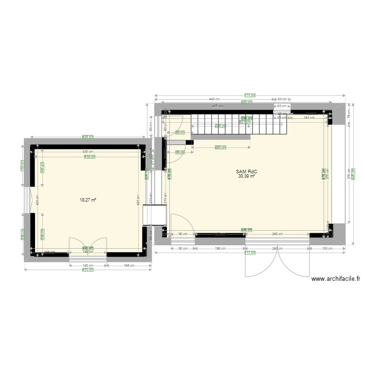 SAM + CUISINE RdC BASTIDON. Plan de 2 pièces et 49 m2