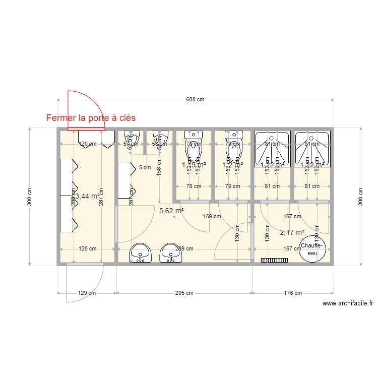 WC . Plan de 7 pièces et 16 m2