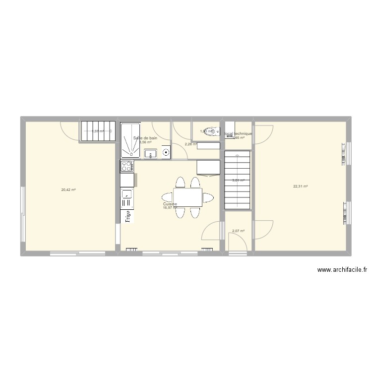 Plan RDC avec ouvertures cuisine et grange Existant. Plan de 10 pièces et 74 m2