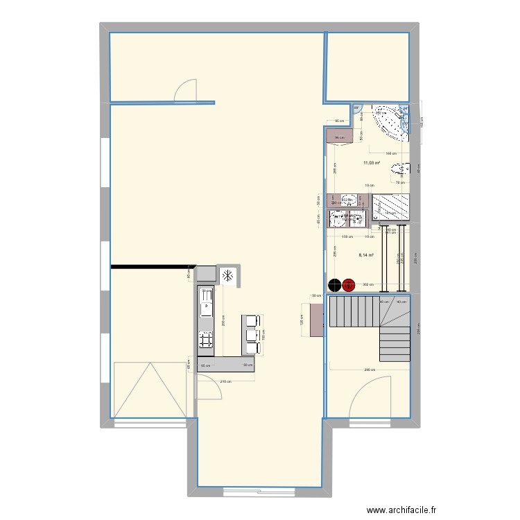 Cuisine. Plan de 3 pièces et 159 m2