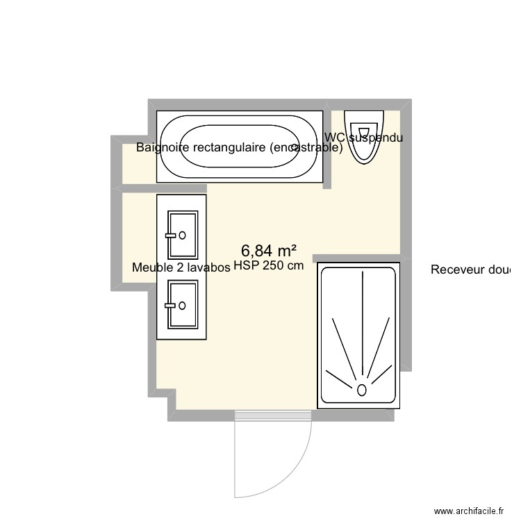 Salle de bain master campagne 1ere. Plan de 1 pièce et 7 m2