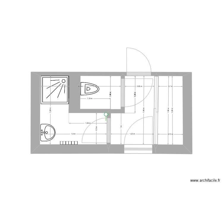 hall wc  salle de bains. Plan de 2 pièces et 7 m2