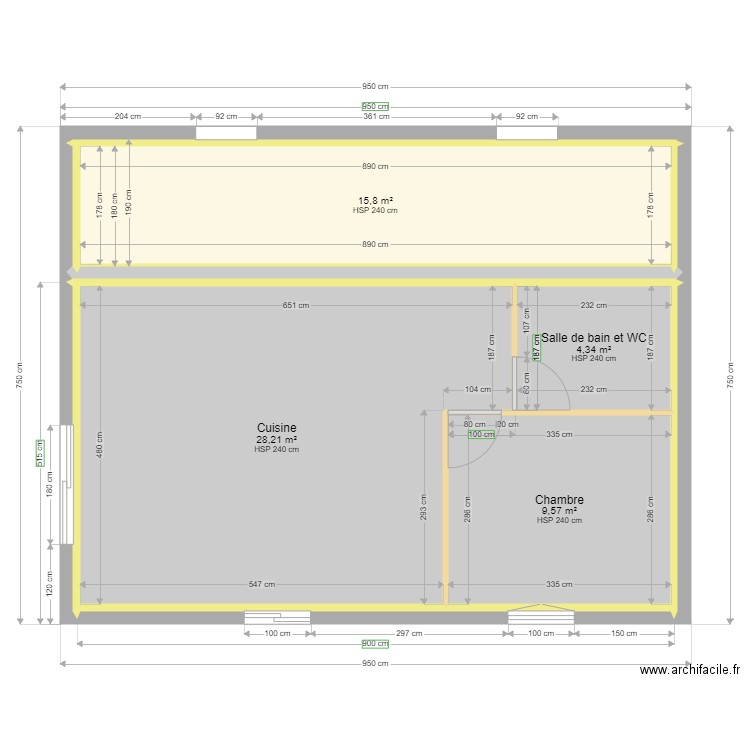 RdC murs intérieurs et cotations 2. Plan de 4 pièces et 58 m2