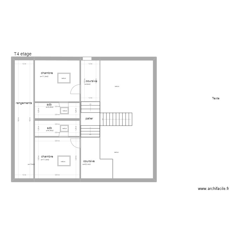 T4 étage . Plan de 5 pièces et 39 m2