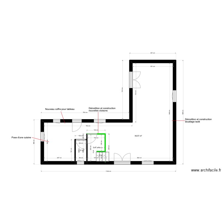 MORAILLON dimensions. Plan de 3 pièces et 55 m2