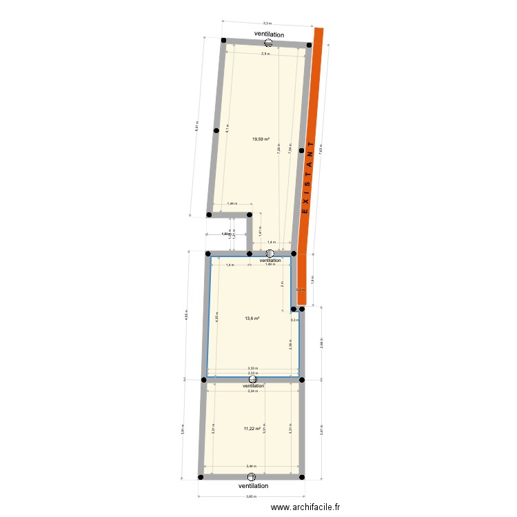 Plan VS BATIFIVE. Plan de 3 pièces et 44 m2