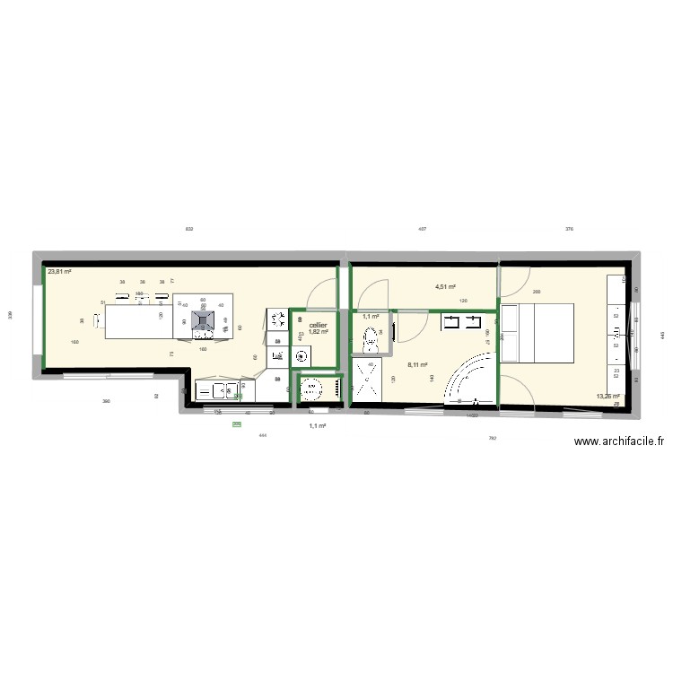 Cuisine B. Plan de 7 pièces et 56 m2