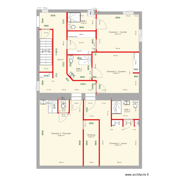 Partie Nuit avec côtes placo finit. Plan de 12 pièces et 119 m2