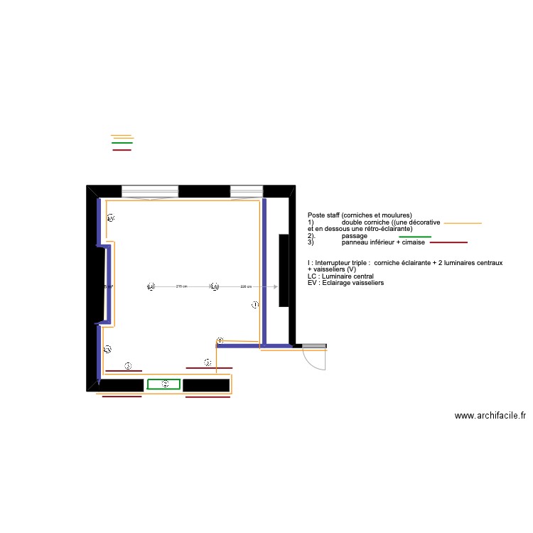 cuisine (poste staff : corniches et moulures) + éclairage. Plan de 0 pièce et 0 m2