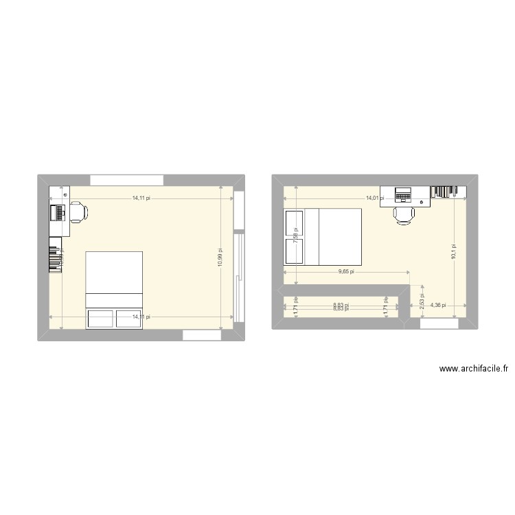 chambre. Plan de 3 pièces et 27 m2