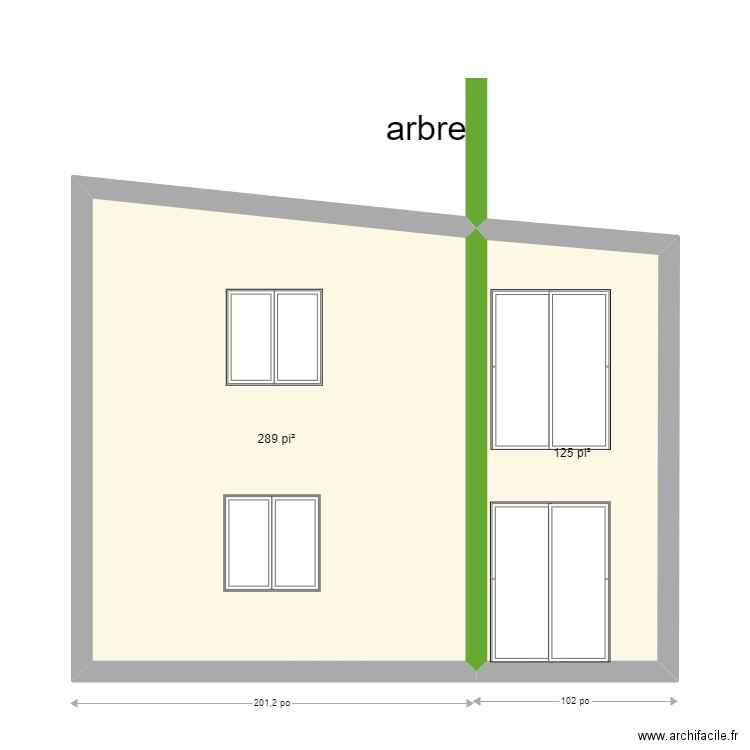 façade arrière avec arbre porte patio 60. Plan de 2 pièces et 38 m2