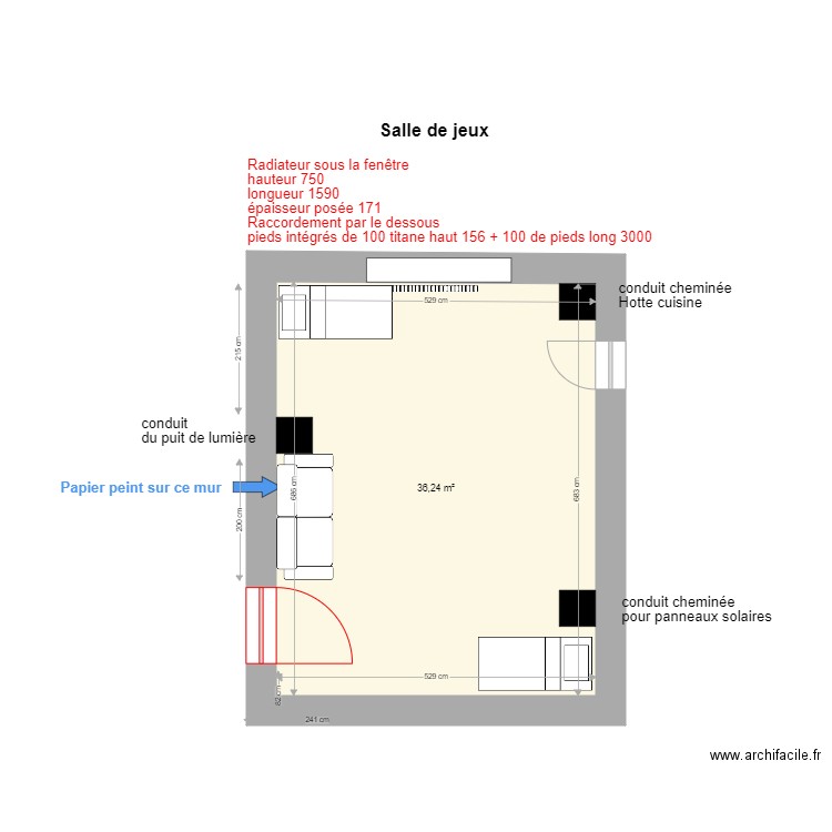 Salle de jeux. Plan de 1 pièce et 36 m2