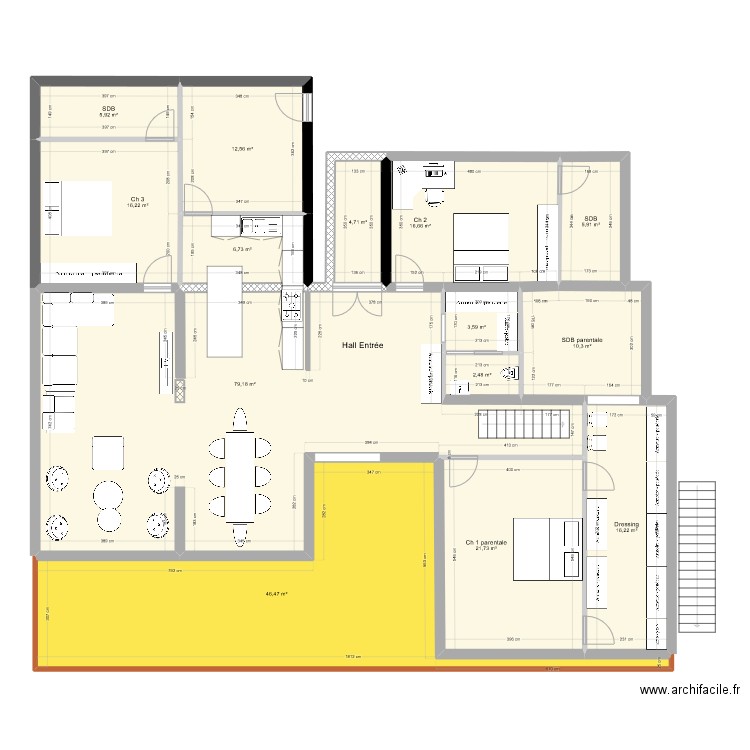 Plaideur extension 3 Ch vestiaire. Plan de 14 pièces et 249 m2