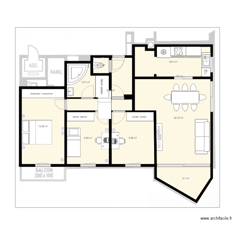 Parly 2 Type 1  3 Chambres sans fond. Plan de 0 pièce et 0 m2