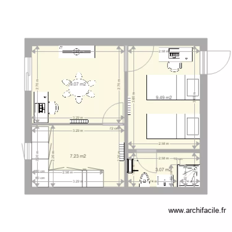 POLYCARPE  Am&eacute;nagement 2 pi&egrave;ces bis. Plan de 