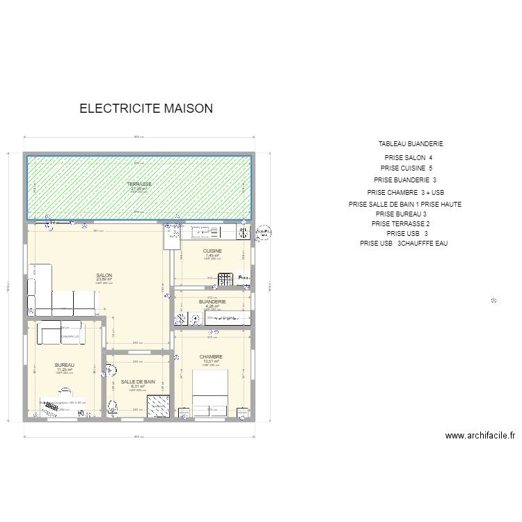 MAISON ELECTRICITE. Plan de 7 pièces et 86 m2