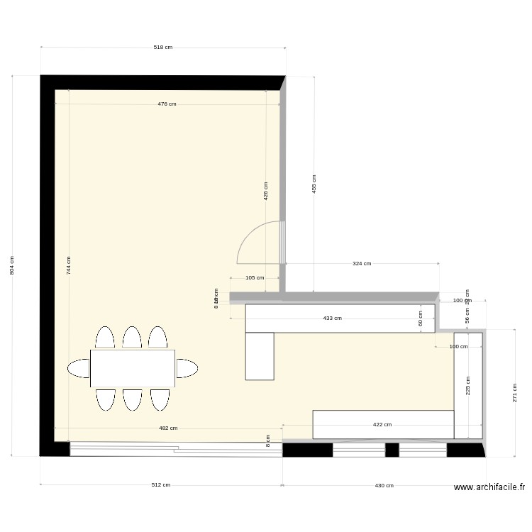 Küche. Plan de 1 pièce et 47 m2