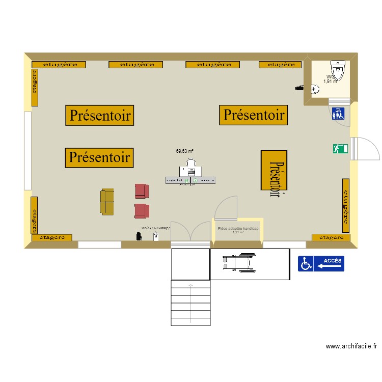 magasin. Plan de 3 pièces et 73 m2