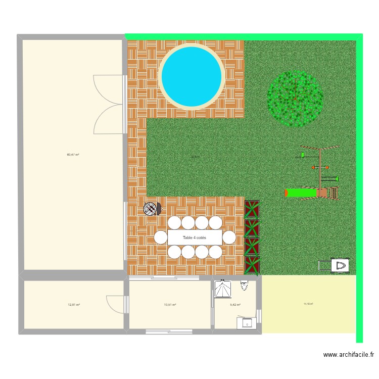 veranda et jardin 2023. Plan de 4 pièces et 89 m2